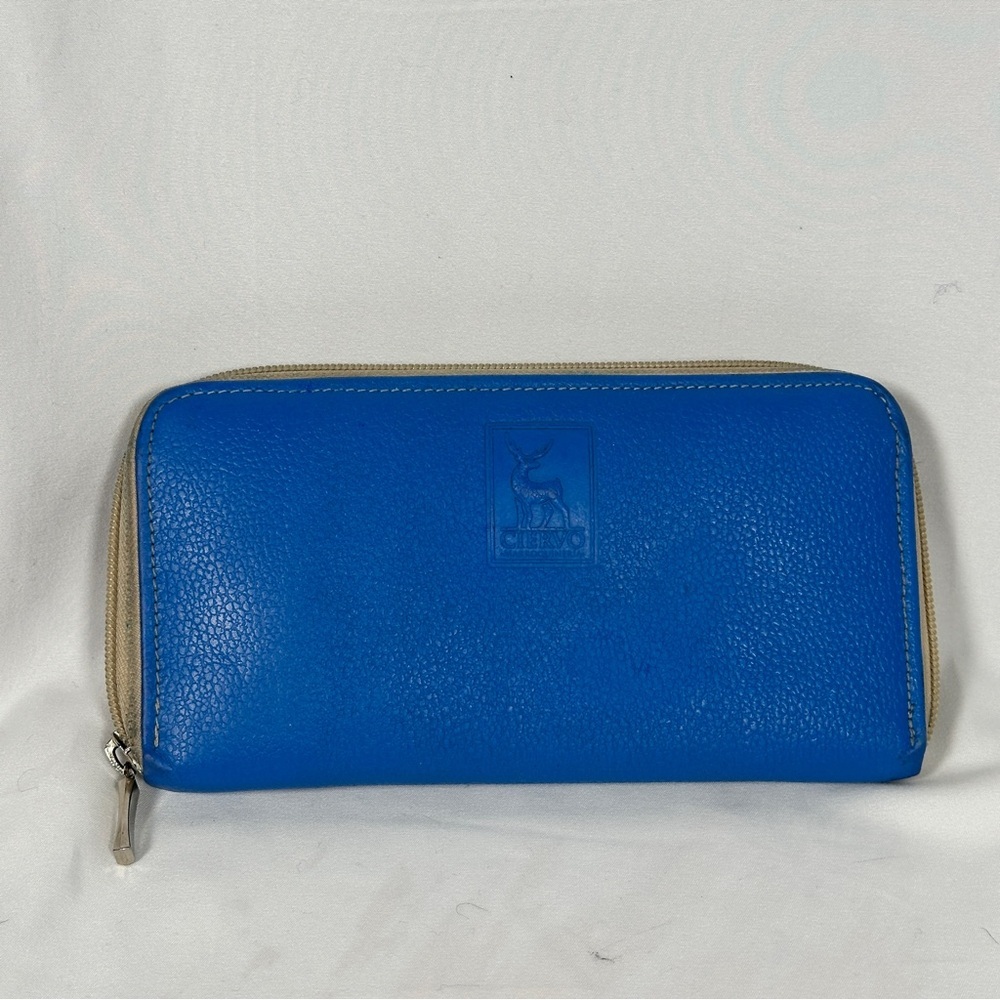 CIERVO Handmade Leather Zip Around Wallet Royal Blue - Picture 2 of 12